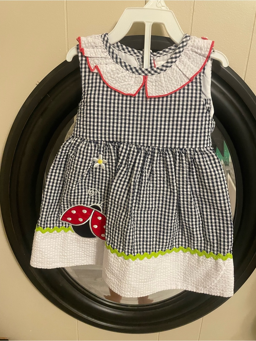 Girls Navy Gingham Ladybug Dress with Red Trim